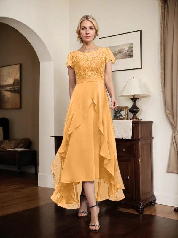 A-line Scoop Illusion Asymmetrical Chiffon Lace Mother of the Bride Dress With Bow Ruffle Sequins by Dreamylily