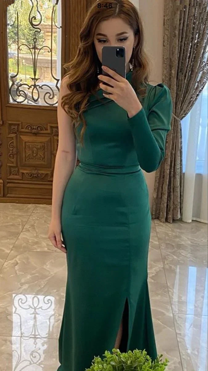 Charming Green One Sleeve Mermaid Prom Dress Green Evening Gown Y5520 by simplepromdress