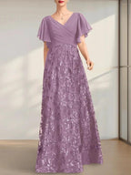 A-line V-Neck Floor-Length Lace Sequin Chiffon Mother of the Bride Dress With Pleated by Dreamylily
