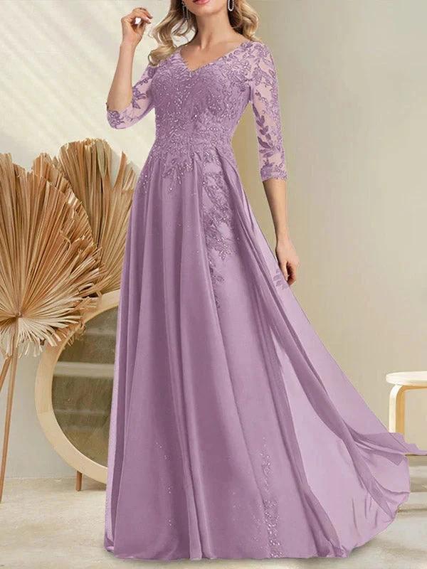 A-line V-Neck Floor-Length Lace Chiffon Mother of the Bride Dress With Sequins by Dreamylily