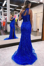 One Shoulder Split Front Mermaid Tulle Prom Dress with Applique Beadings by BIZTUNNEL