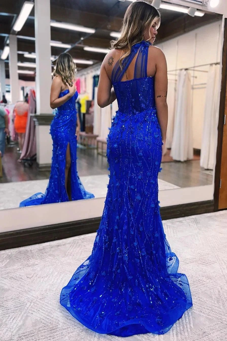 One Shoulder Split Front Mermaid Tulle Prom Dress with Applique Beadings by BIZTUNNEL