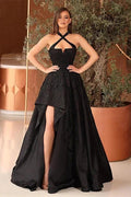 Sleek and Stylish Black Halter Strapless Sleeveless A Line Prom Dress with Split Front by BIZTUNNEL