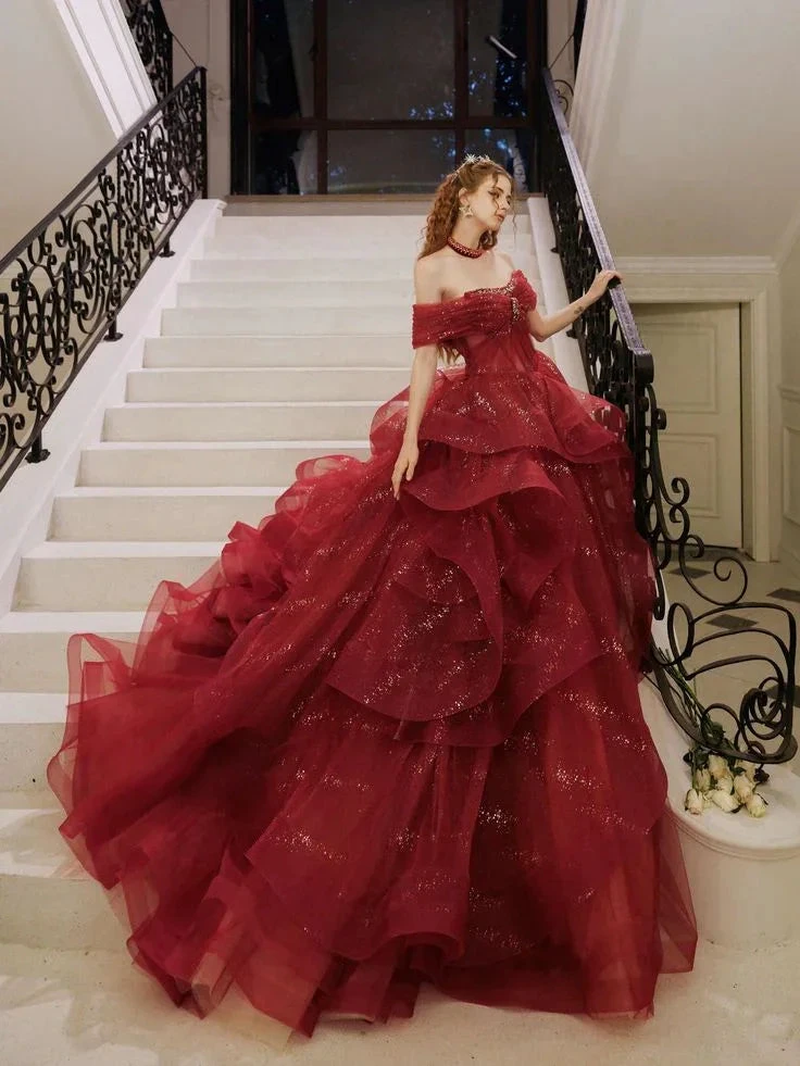 Fairy Off-Shoulder A-Line Red Evening Dress, Sparkling Dress Ball Gown Wedding Dress Y7676 by simplepromdress