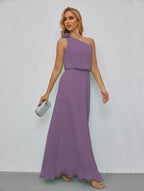 Ruffled One Shoulder Sleeveless Long Bridesmaid Dresses A-line Formal Evening Gown Side Split 28080 by numbersea
