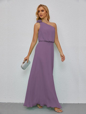 Ruffled One Shoulder Sleeveless Long Bridesmaid Dresses A-line Formal Evening Gown Side Split 28080