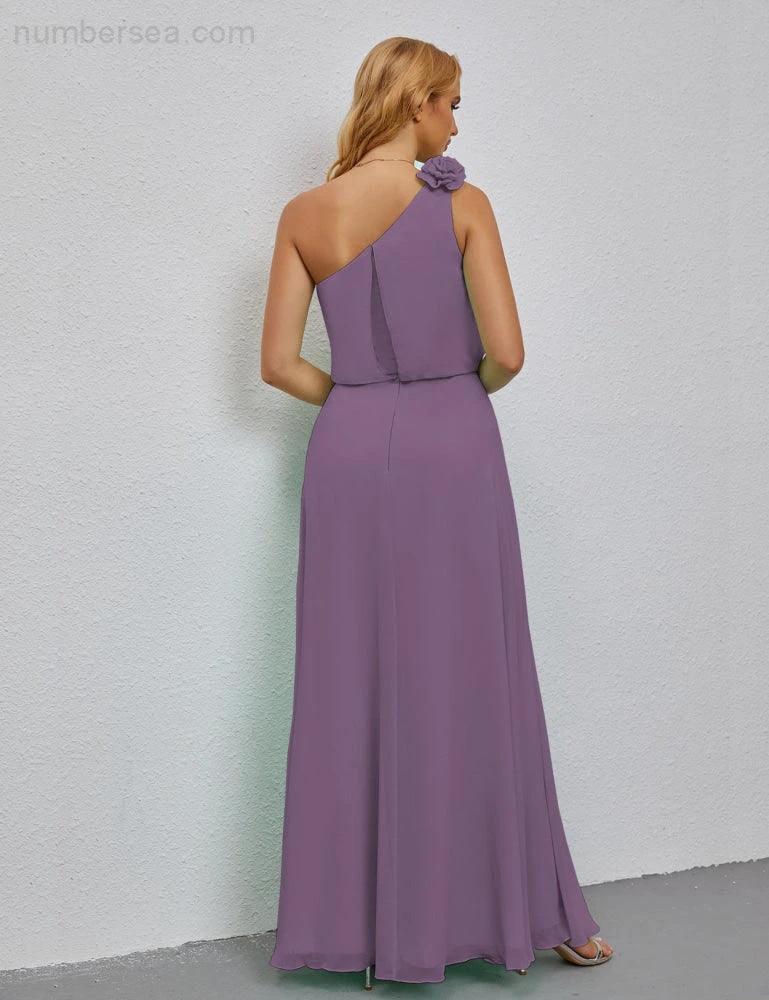 Ruffled One Shoulder Sleeveless Long Bridesmaid Dresses A-line Formal Evening Gown Side Split 28080 by numbersea