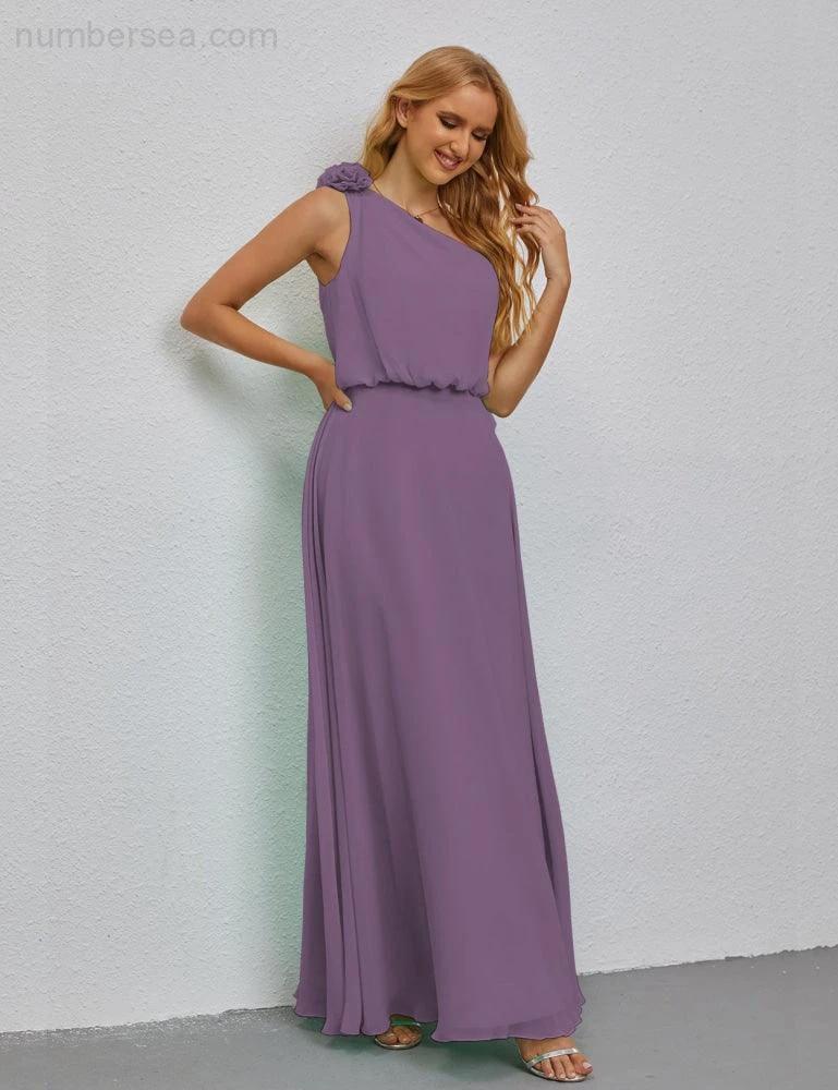 Ruffled One Shoulder Sleeveless Long Bridesmaid Dresses A-line Formal Evening Gown Side Split 28080 by numbersea