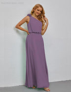 Ruffled One Shoulder Sleeveless Long Bridesmaid Dresses A-line Formal Evening Gown Side Split 28080 by numbersea