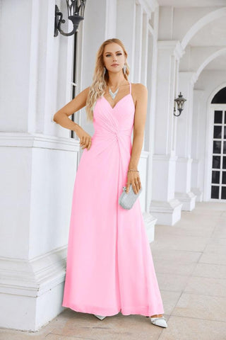 Ladies Chiffon Spaghetti Strap V Neck Front Slit Floor Length Bridesmaid Evening Dress Prom Party Wedding Evening Dress 28116