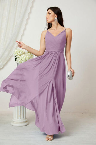 Numbersea Chiffon V-Neck Bridesmaid Dress Spaghetti Strap Long Formal Party Prom Gowns with Slit 28010