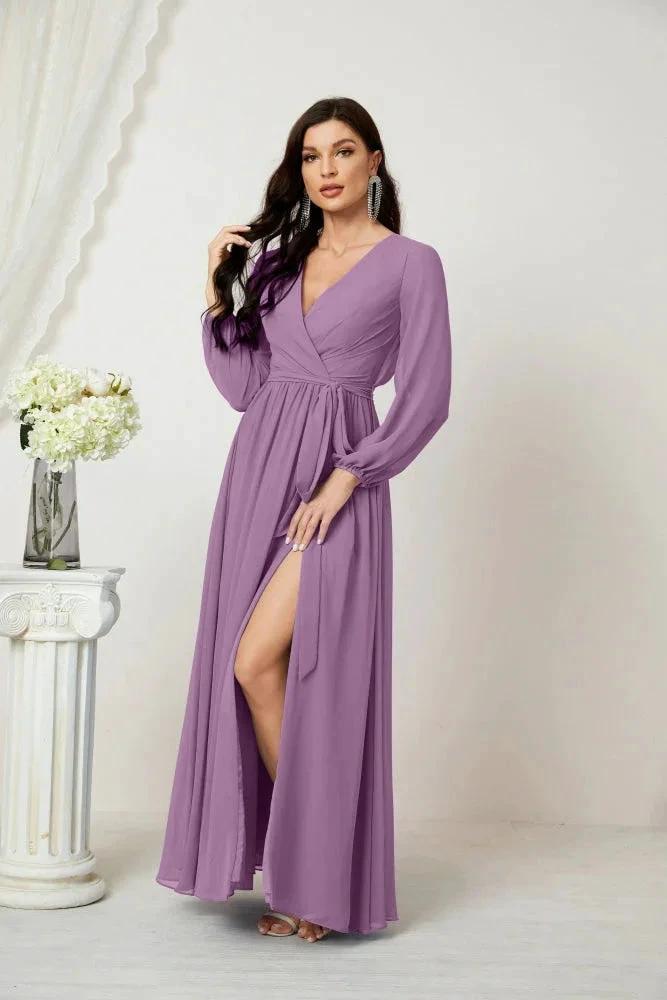 Sunnderly Evening Dresses Deep V-Neck Chiffon Bridesmaid Dresses Long Bishop Sleeve Side Split Formal Dress SY2806 by numbersea