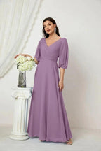 Numbersea Formal Prom Gown Women V-Neck Chiffon Bridesmaid Dresses Long Bishop Sleeve Party Dress 2807 by numbersea