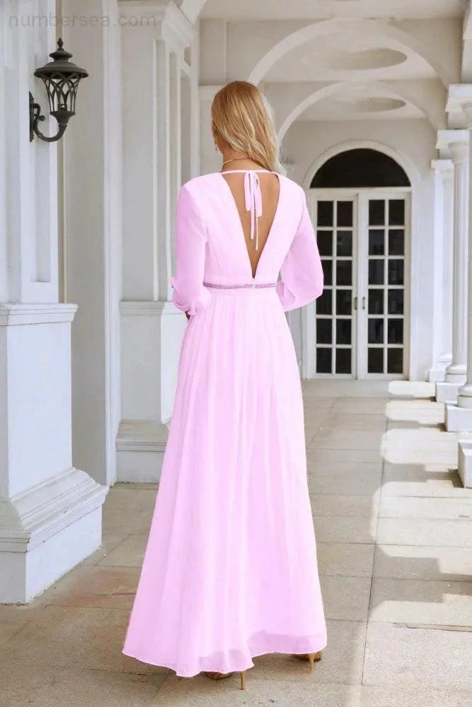 Ladies V Neck Chiffon Long Sleeve Front Slit Bridesmaid Evening Dress Wedding Party Shopping Evening Dress 28109 by numbersea