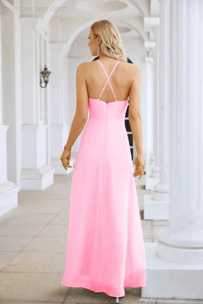 Ladies Chiffon Spaghetti Strap V Neck Front Slit Floor Length Bridesmaid Evening Dress Prom Party Wedding Evening Dress 28116 by numbersea