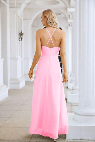 Ladies Chiffon Spaghetti Strap V Neck Front Slit Floor Length Bridesmaid Evening Dress Prom Party Wedding Evening Dress 28116