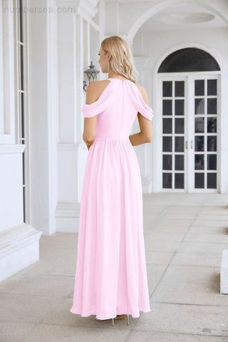 Ladies Chiffon Off Shoulder Swing Sleeve Front Slit Bridesmaid Evening Dress Wedding Party Evening Dress 28117