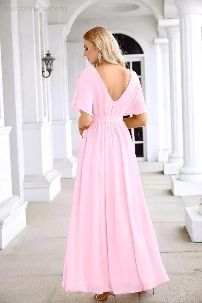 Ladies Chiffon Sleeve Crew Neck Front Slit Floor Length Bridesmaid Evening Dress Wedding Party Evening Dress 28124 by numbersea