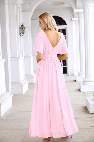 Ladies Chiffon Sleeve Crew Neck Front Slit Floor Length Bridesmaid Evening Dress Wedding Party Evening Dress 28124