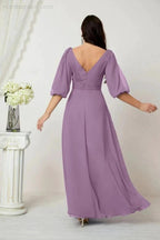 Numbersea Formal Prom Gown Women V-Neck Chiffon Bridesmaid Dresses Long Bishop Sleeve Party Dress 2807 by numbersea