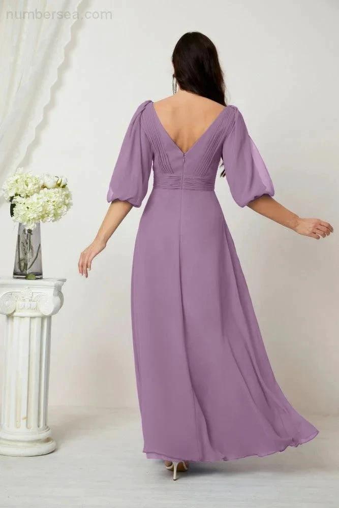Numbersea Formal Prom Gown Women V-Neck Chiffon Bridesmaid Dresses Long Bishop Sleeve Party Dress 2807 by numbersea