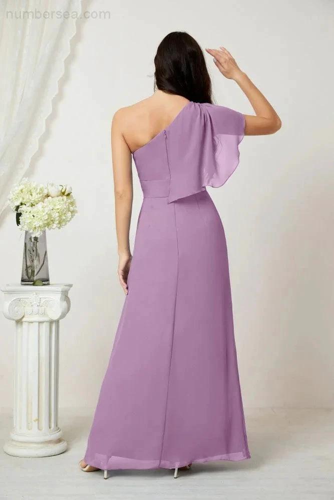 Numbersea Chiffon Ruffled One Shoulder Long Bridesmaid Dresses A-line Formal Evening Gown Side Split 2809 by numbersea