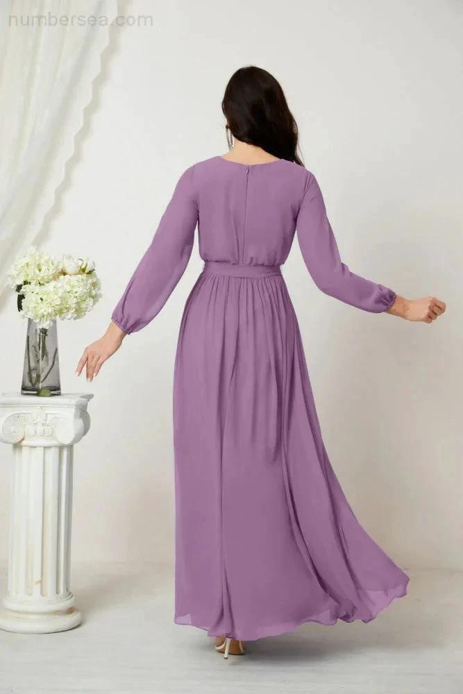 Sunnderly Evening Dresses Deep V-Neck Chiffon Bridesmaid Dresses Long Bishop Sleeve Side Split Formal Dress SY2806 by numbersea