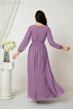 Sunnderly Evening Dresses Deep V-Neck Chiffon Bridesmaid Dresses Long Bishop Sleeve Side Split Formal Dress SY2806 by numbersea