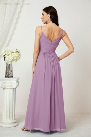Numbersea Chiffon V-Neck Bridesmaid Dress Spaghetti Strap Long Formal Party Prom Gowns with Slit 28010