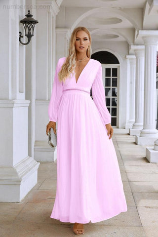 Ladies V Neck Chiffon Long Sleeve Front Slit Bridesmaid Evening Dress Wedding Party Shopping Evening Dress 28109