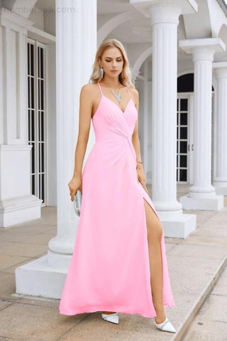 Ladies Chiffon Spaghetti Strap V Neck Front Slit Floor Length Bridesmaid Evening Dress Prom Party Wedding Evening Dress 28116