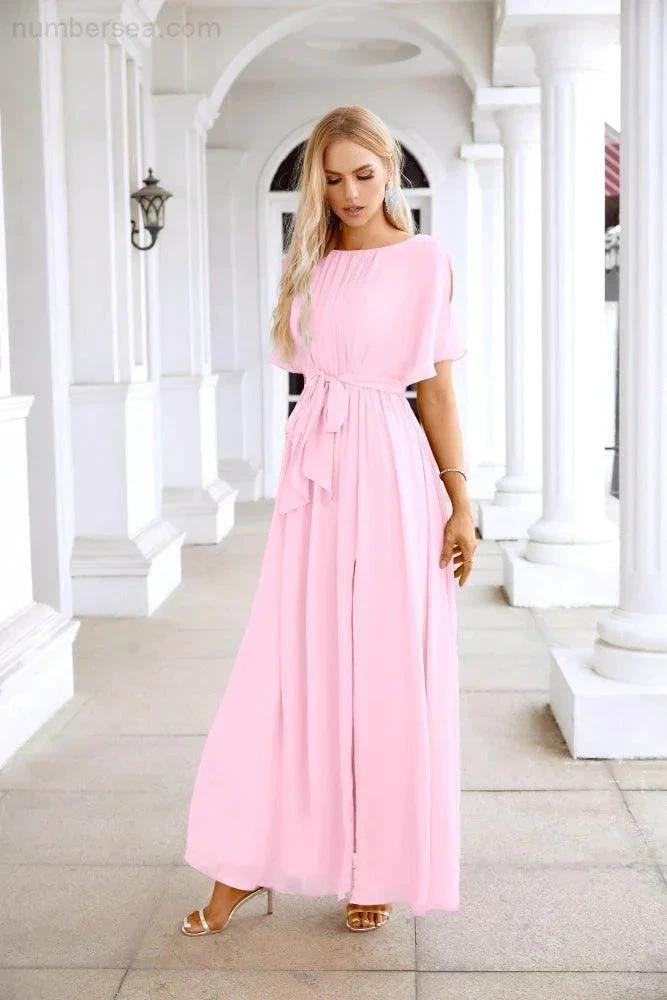 Ladies Chiffon Sleeve Crew Neck Front Slit Floor Length Bridesmaid Evening Dress Wedding Party Evening Dress 28124 by numbersea