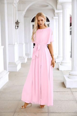 Ladies Chiffon Sleeve Crew Neck Front Slit Floor Length Bridesmaid Evening Dress Wedding Party Evening Dress 28124