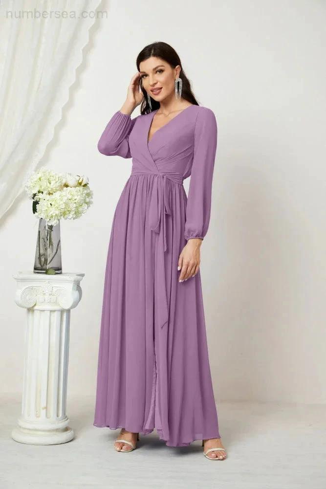 Sunnderly Evening Dresses Deep V-Neck Chiffon Bridesmaid Dresses Long Bishop Sleeve Side Split Formal Dress SY2806 by numbersea