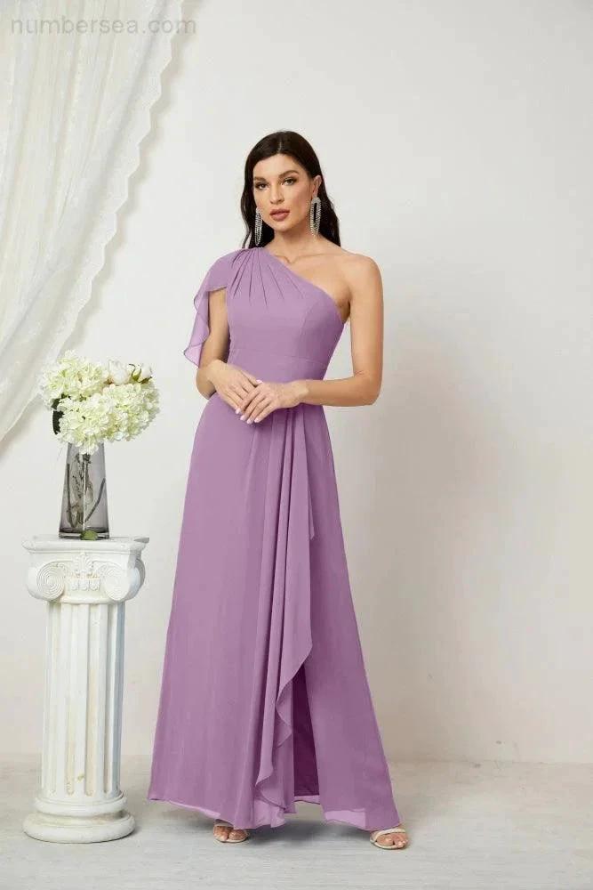 Numbersea Chiffon Ruffled One Shoulder Long Bridesmaid Dresses A-line Formal Evening Gown Side Split 2809 by numbersea