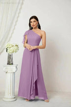 Numbersea Chiffon Ruffled One Shoulder Long Bridesmaid Dresses A-line Formal Evening Gown Side Split 2809 by numbersea