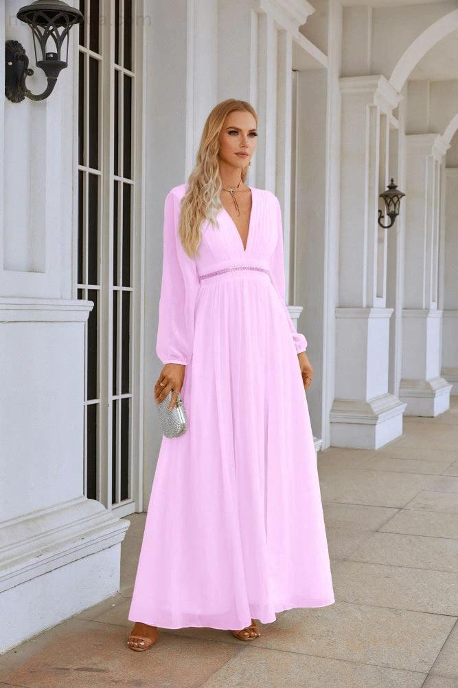 Ladies V Neck Chiffon Long Sleeve Front Slit Bridesmaid Evening Dress Wedding Party Shopping Evening Dress 28109 by numbersea
