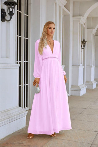 Ladies V Neck Chiffon Long Sleeve Front Slit Bridesmaid Evening Dress Wedding Party Shopping Evening Dress 28109