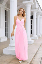 Ladies Chiffon Spaghetti Strap V Neck Front Slit Floor Length Bridesmaid Evening Dress Prom Party Wedding Evening Dress 28116 by numbersea