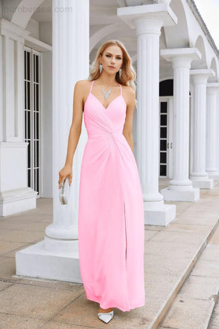 Ladies Chiffon Spaghetti Strap V Neck Front Slit Floor Length Bridesmaid Evening Dress Prom Party Wedding Evening Dress 28116
