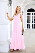 Ladies Chiffon V Neck Sleeveless Floor Length Bridesmaid Evening Dress Wedding Party Evening Dress 28126 by numbersea