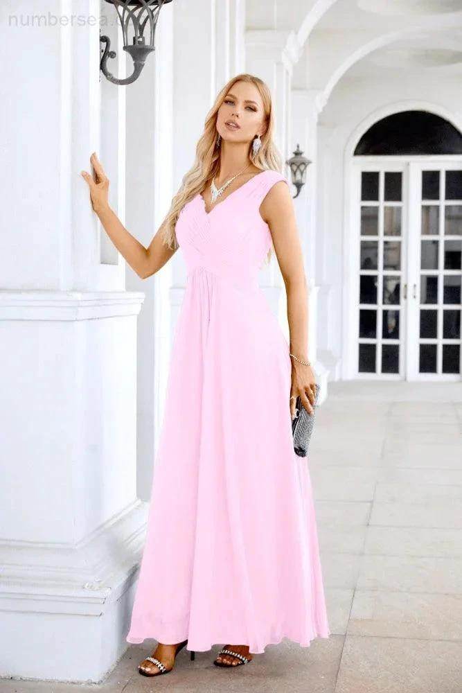 Ladies Chiffon V Neck Sleeveless Floor Length Bridesmaid Evening Dress Wedding Party Evening Dress 28126 by numbersea
