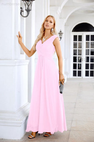 Ladies Chiffon V Neck Sleeveless Floor Length Bridesmaid Evening Dress Wedding Party Evening Dress 28126