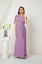 Numbersea Chiffon Ruffled One Shoulder Long Bridesmaid Dresses A-line Formal Evening Gown Side Split 2809 by numbersea