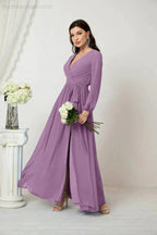 Sunnderly Evening Dresses Deep V-Neck Chiffon Bridesmaid Dresses Long Bishop Sleeve Side Split Formal Dress SY2806 by numbersea