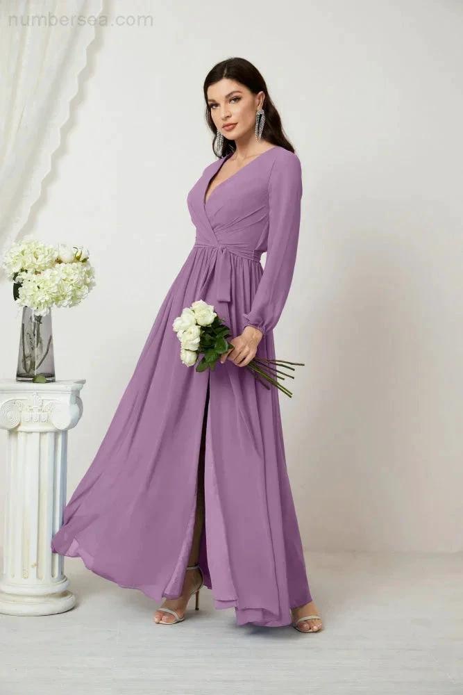 Sunnderly Evening Dresses Deep V-Neck Chiffon Bridesmaid Dresses Long Bishop Sleeve Side Split Formal Dress SY2806 by numbersea