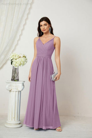 Numbersea Chiffon V-Neck Bridesmaid Dress Spaghetti Strap Long Formal Party Prom Gowns with Slit 28010