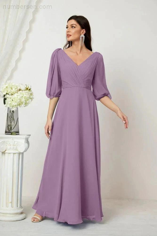Numbersea Formal Prom Gown Women V-Neck Chiffon Bridesmaid Dresses Long Bishop Sleeve Party Dress 2807 by numbersea