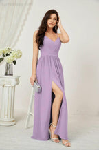 Numbersea Neck Bridesmaid Dresses Chiffon Long Spaghetti A-line Formal Prom Gown for Wedding Party Evening 2801 by numbersea