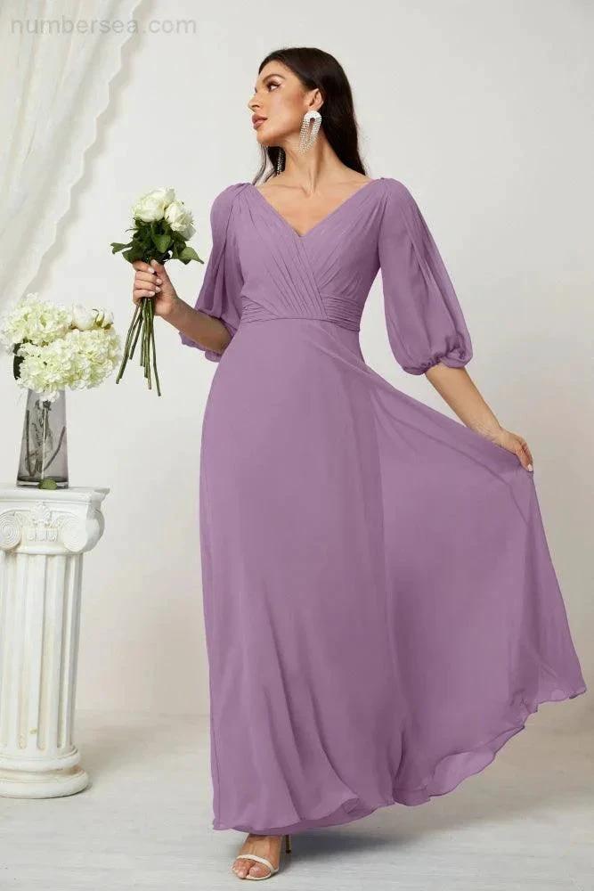 Numbersea Formal Prom Gown Women V-Neck Chiffon Bridesmaid Dresses Long Bishop Sleeve Party Dress 2807 by numbersea